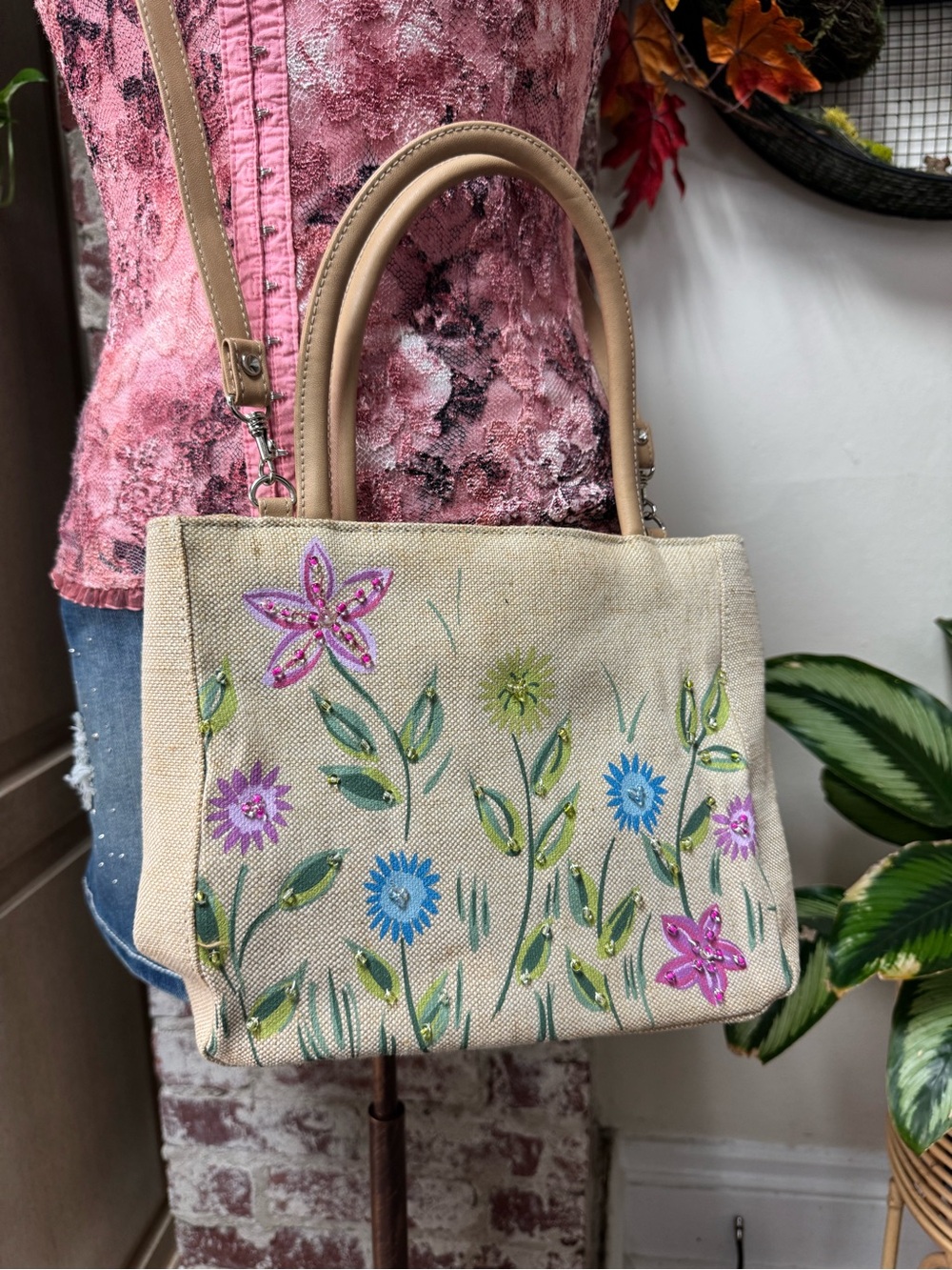 Floral Fairy Cottage Embroidered Beaded Handbag